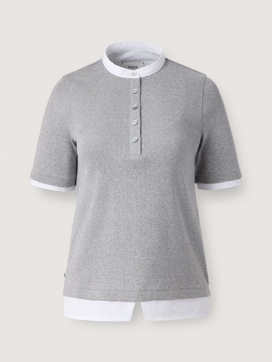 Pointelle Cotton Henley _ Light Grey Melange