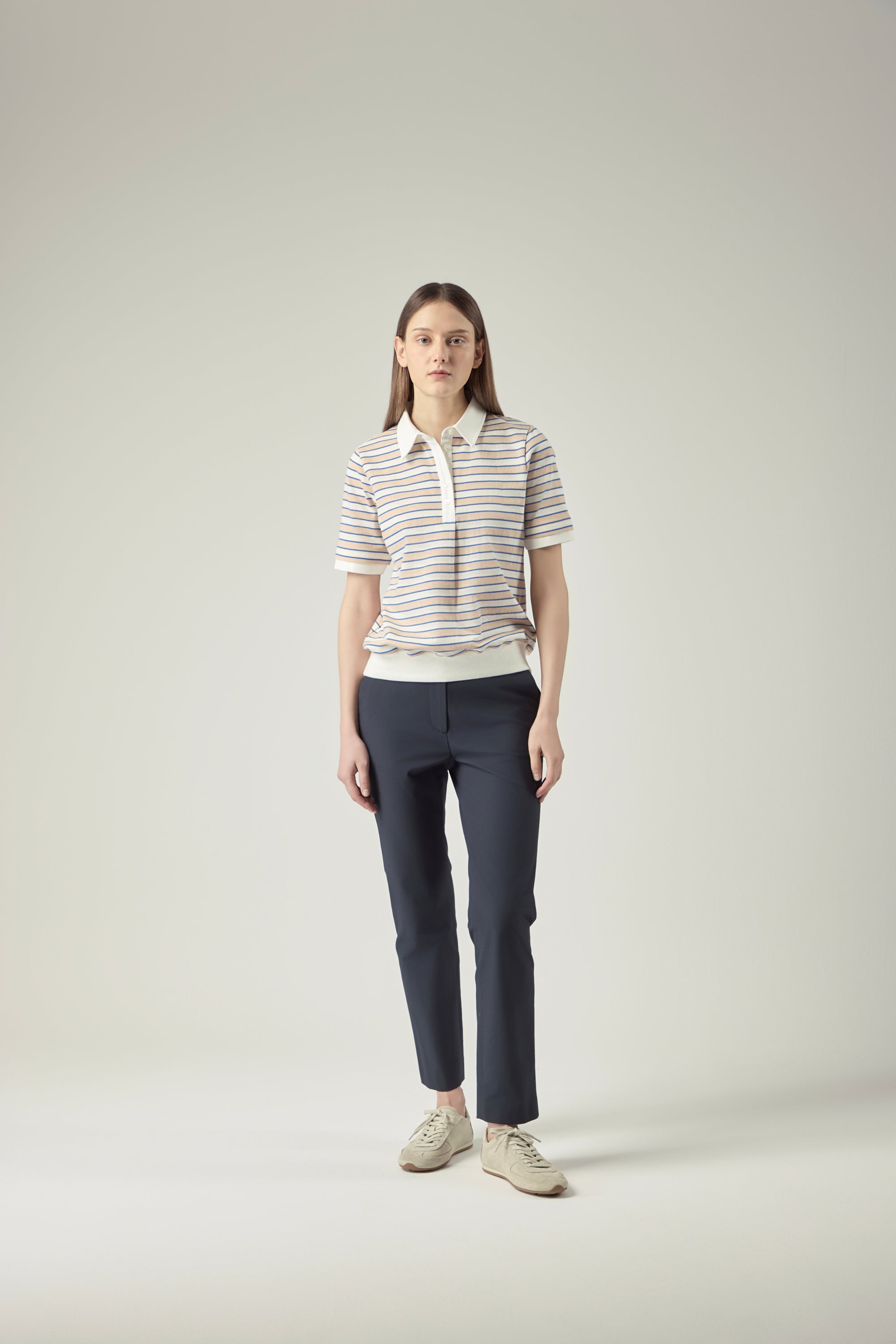 Striped Blouson Top _ Sand Blue Stripe