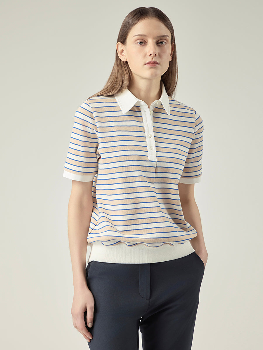 Striped Blouson Top _ Sand Blue Stripe