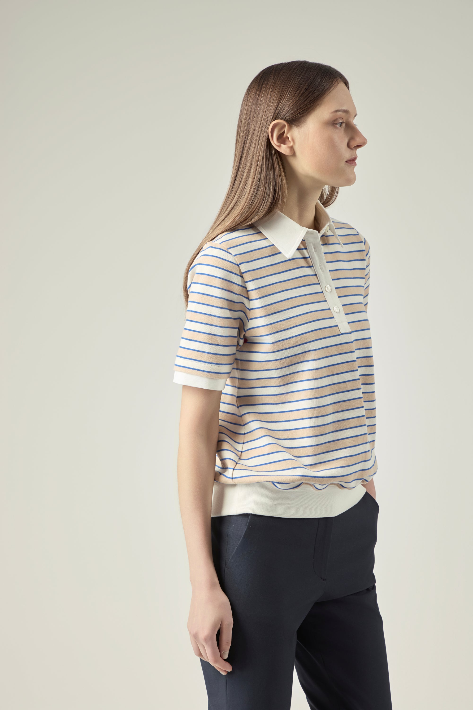 Striped Blouson Top _ Sand Blue Stripe