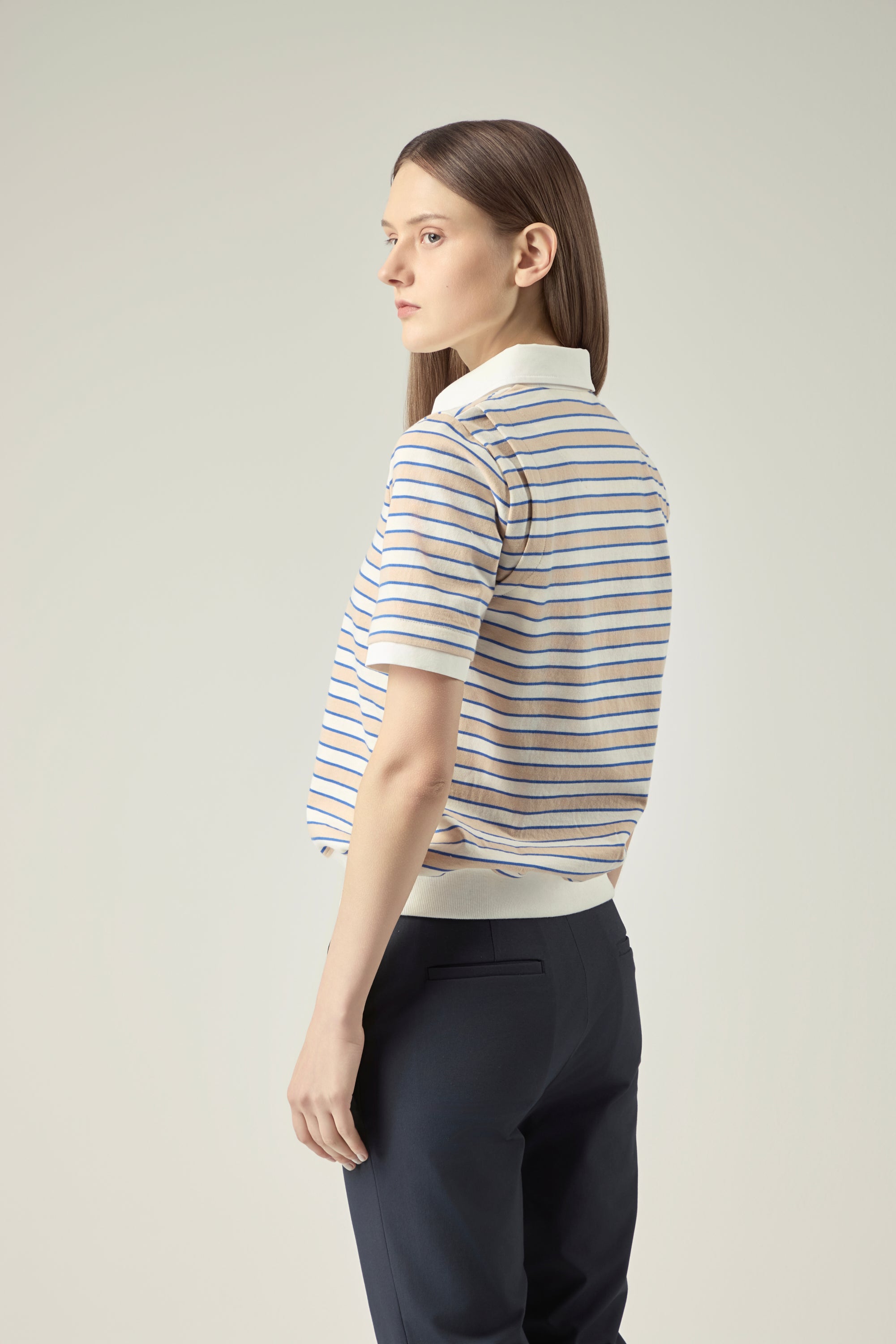 Striped Blouson Top _ Sand Blue Stripe