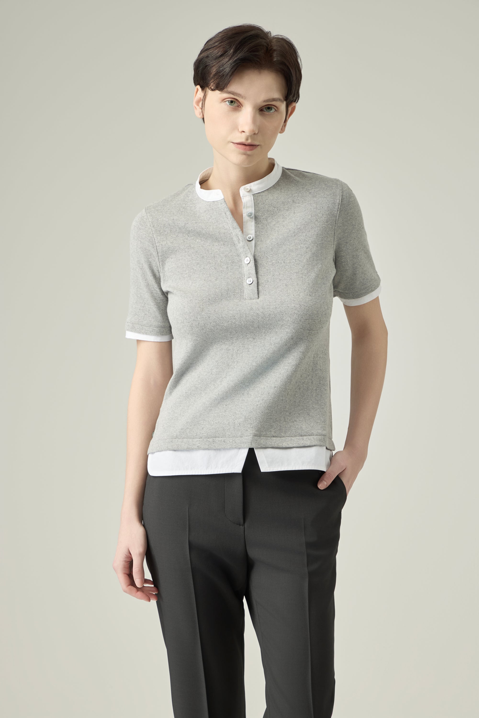 Pointelle Cotton Henley _ Light Grey Melange