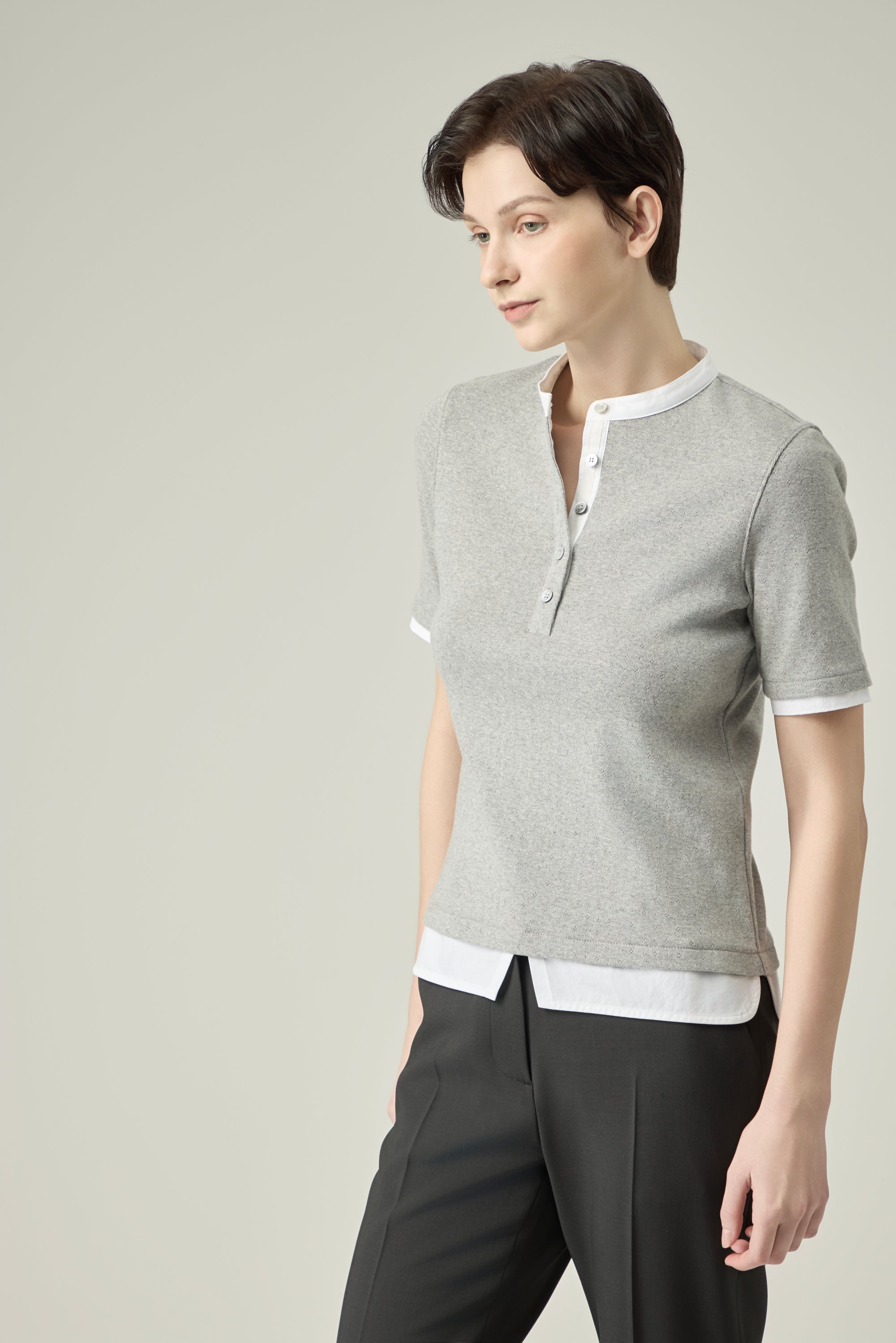 Pointelle Cotton Henley _ Light Grey Melange