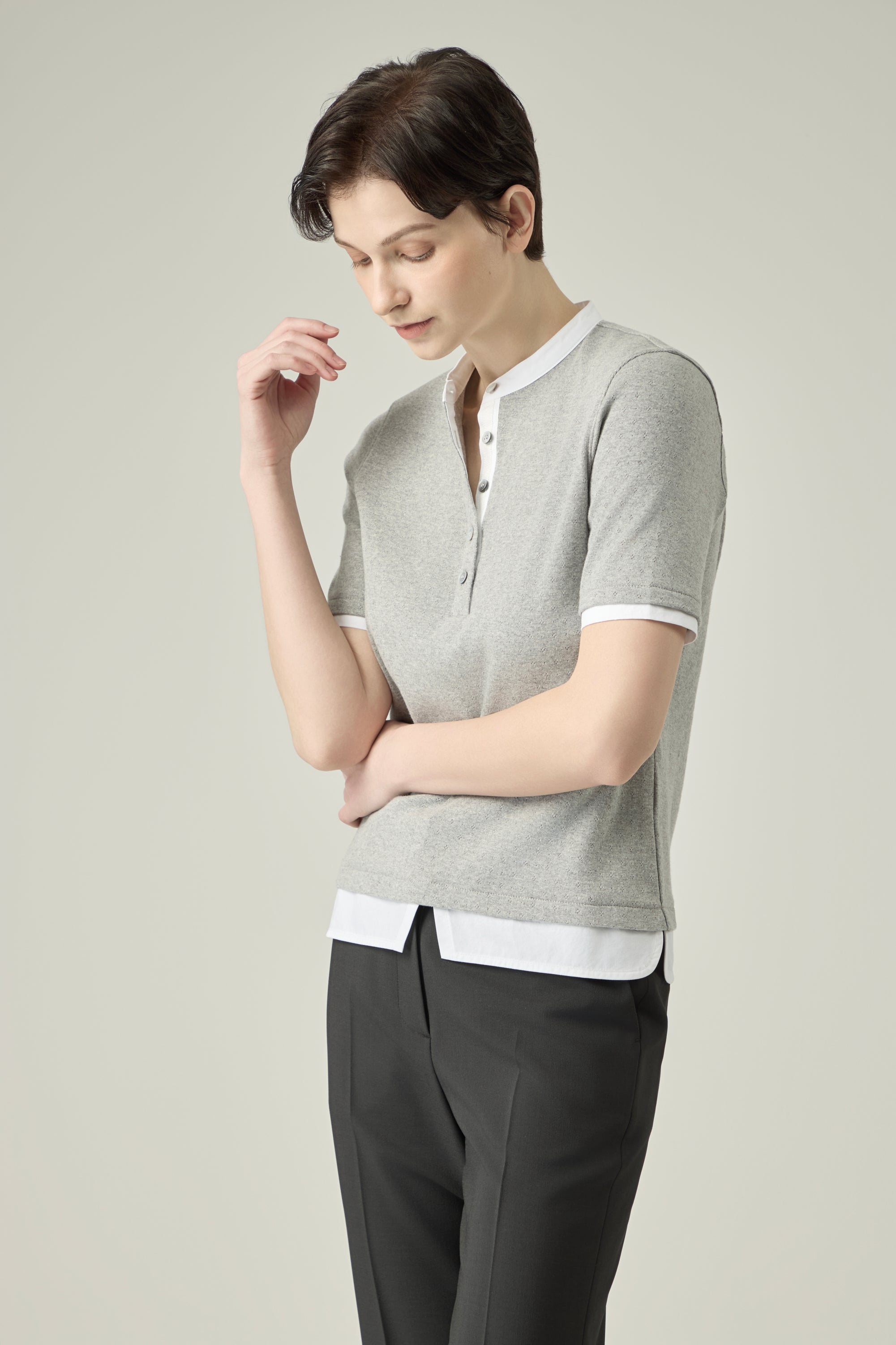 Pointelle Cotton Henley _ Light Grey Melange