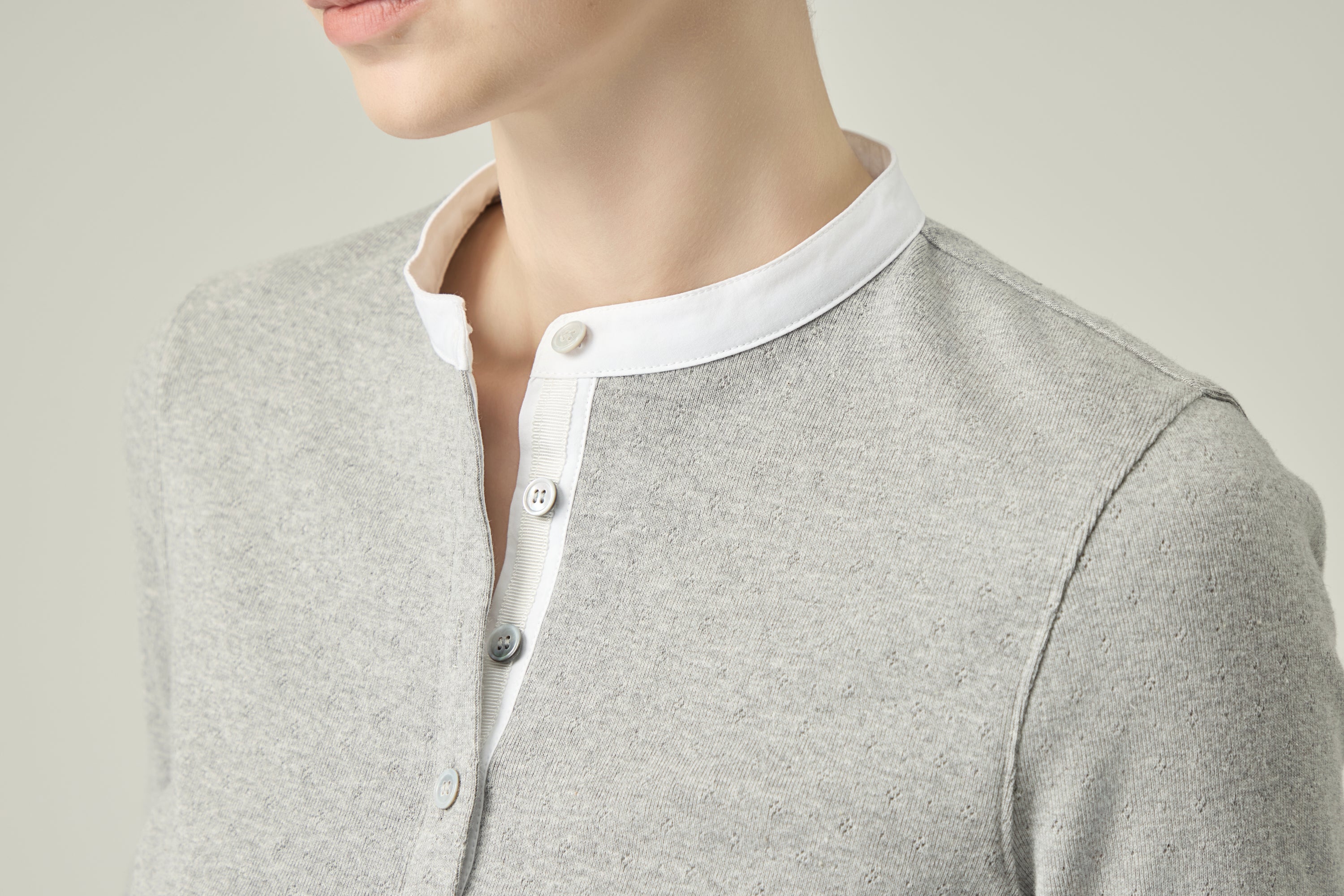 Pointelle Cotton Henley _ Light Grey Melange