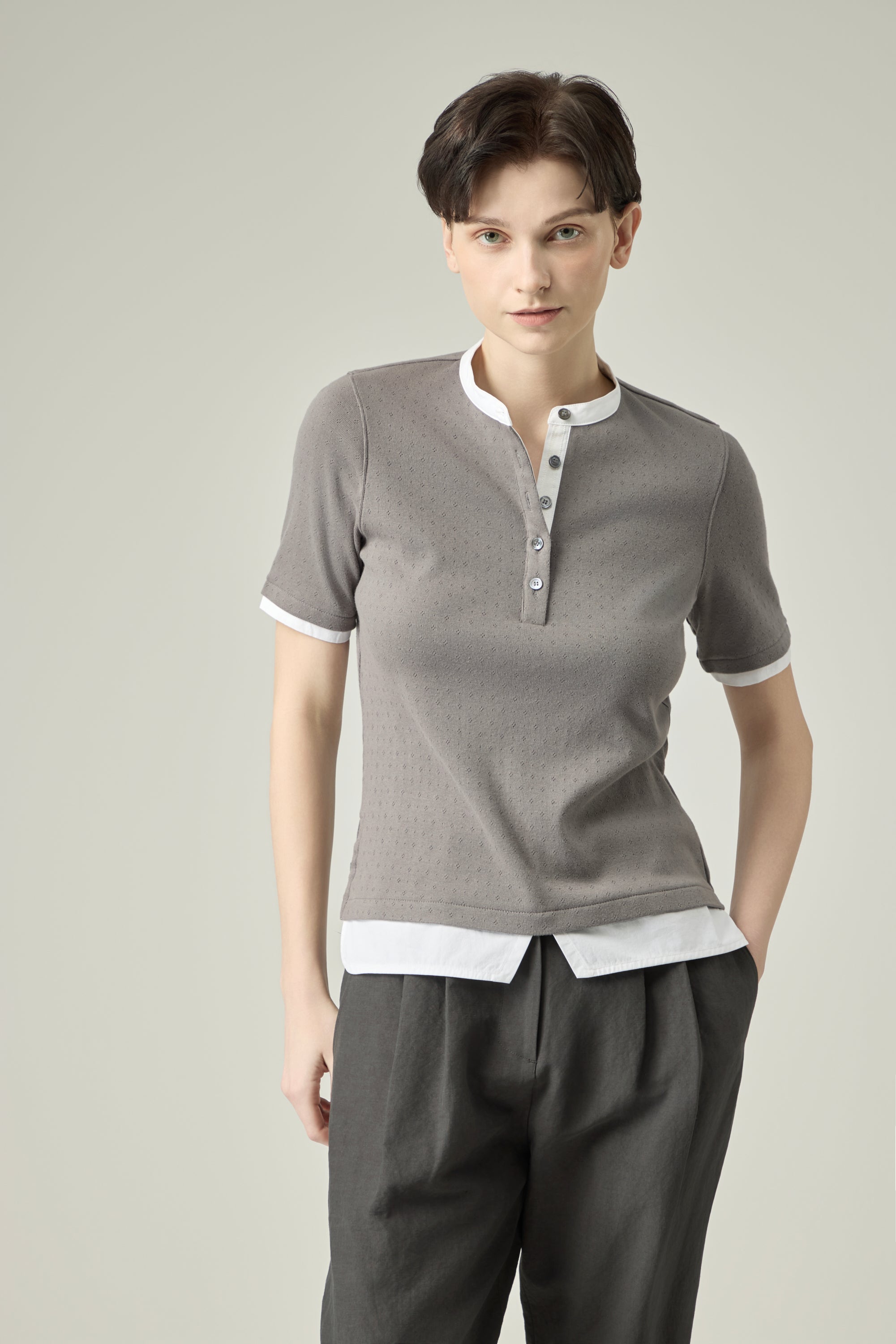 Pointelle Cotton Henley _ Charcole